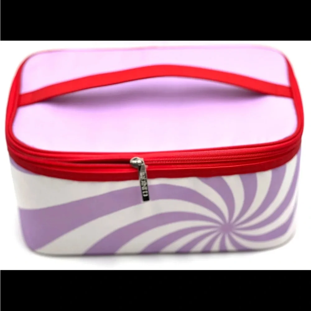Clinique Makeup bag toiletries case cosmetics travel peppermint swirl red purple